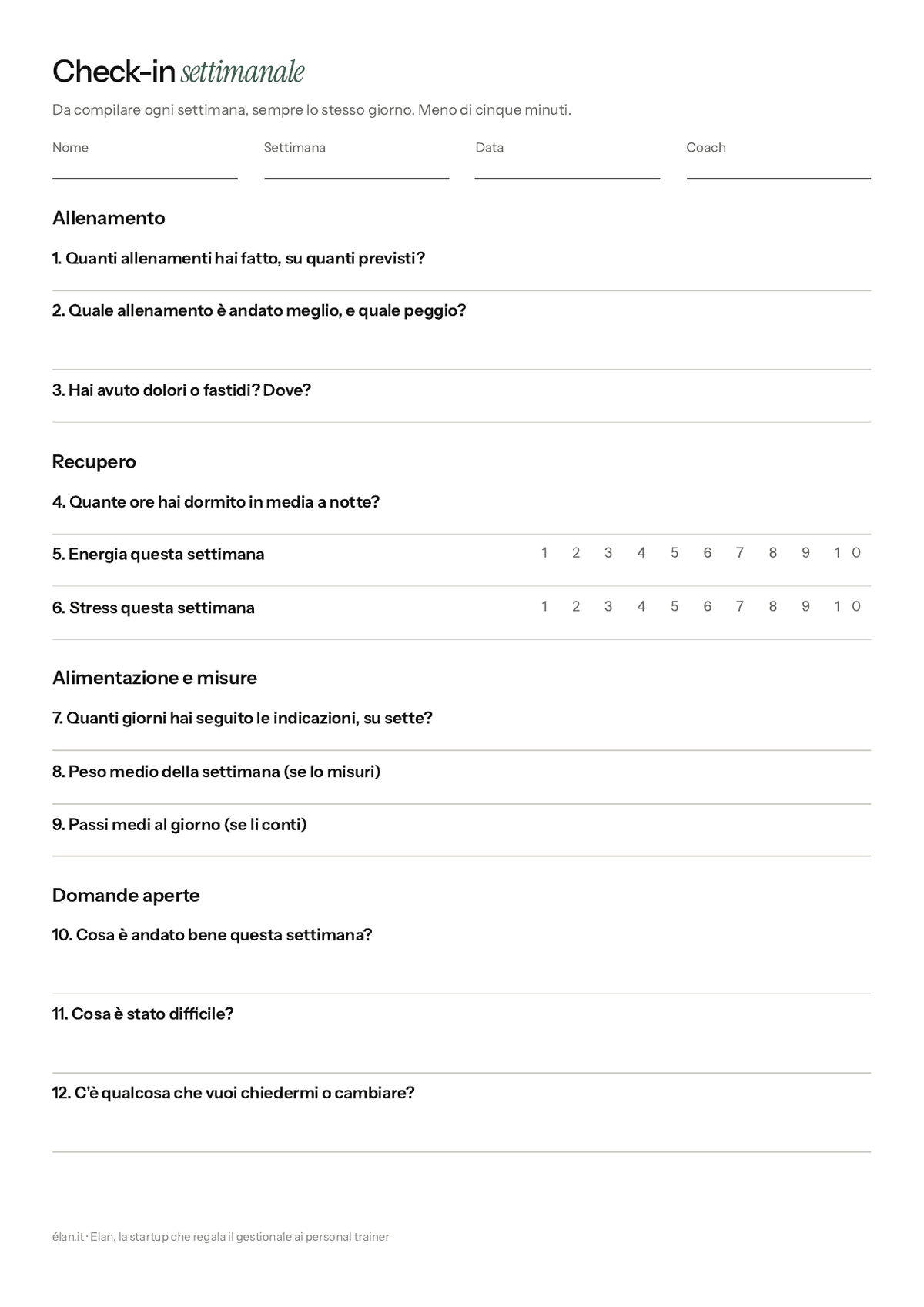 Anteprima del check-in settimanale in PDF: domande su allenamento, recupero con voti da 1 a 10, alimentazione e domande aperte