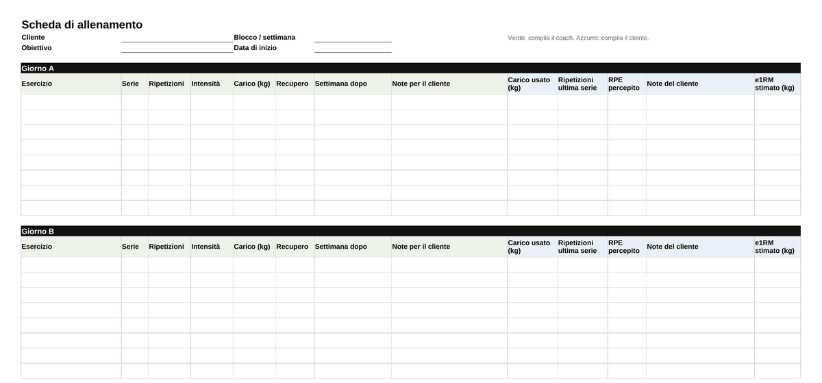 Anteprima del modello Excel di scheda di allenamento: colonne del coach per esercizio, serie, ripetizioni, intensità, carico e recupero, e colonne del cliente con il massimale stimato