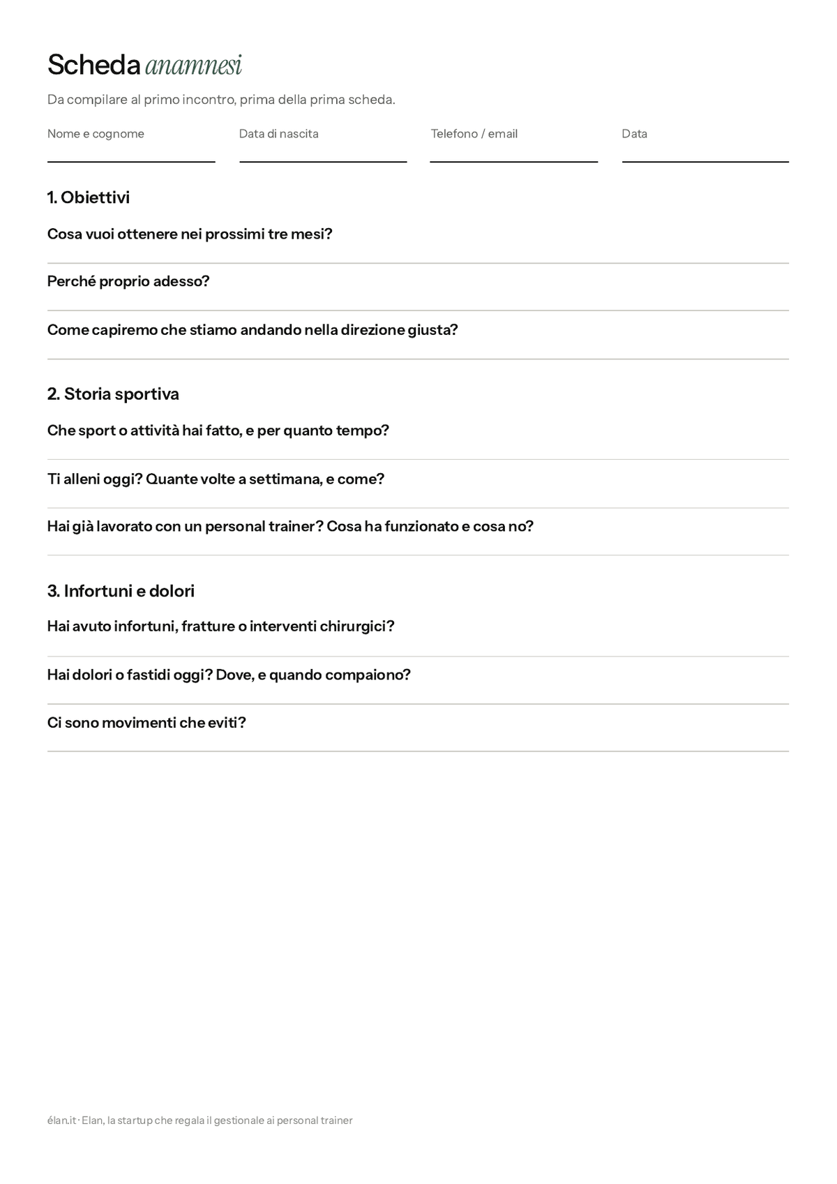 Anteprima della prima pagina della scheda anamnesi in PDF: dati del cliente, obiettivi, storia sportiva, infortuni e dolori
